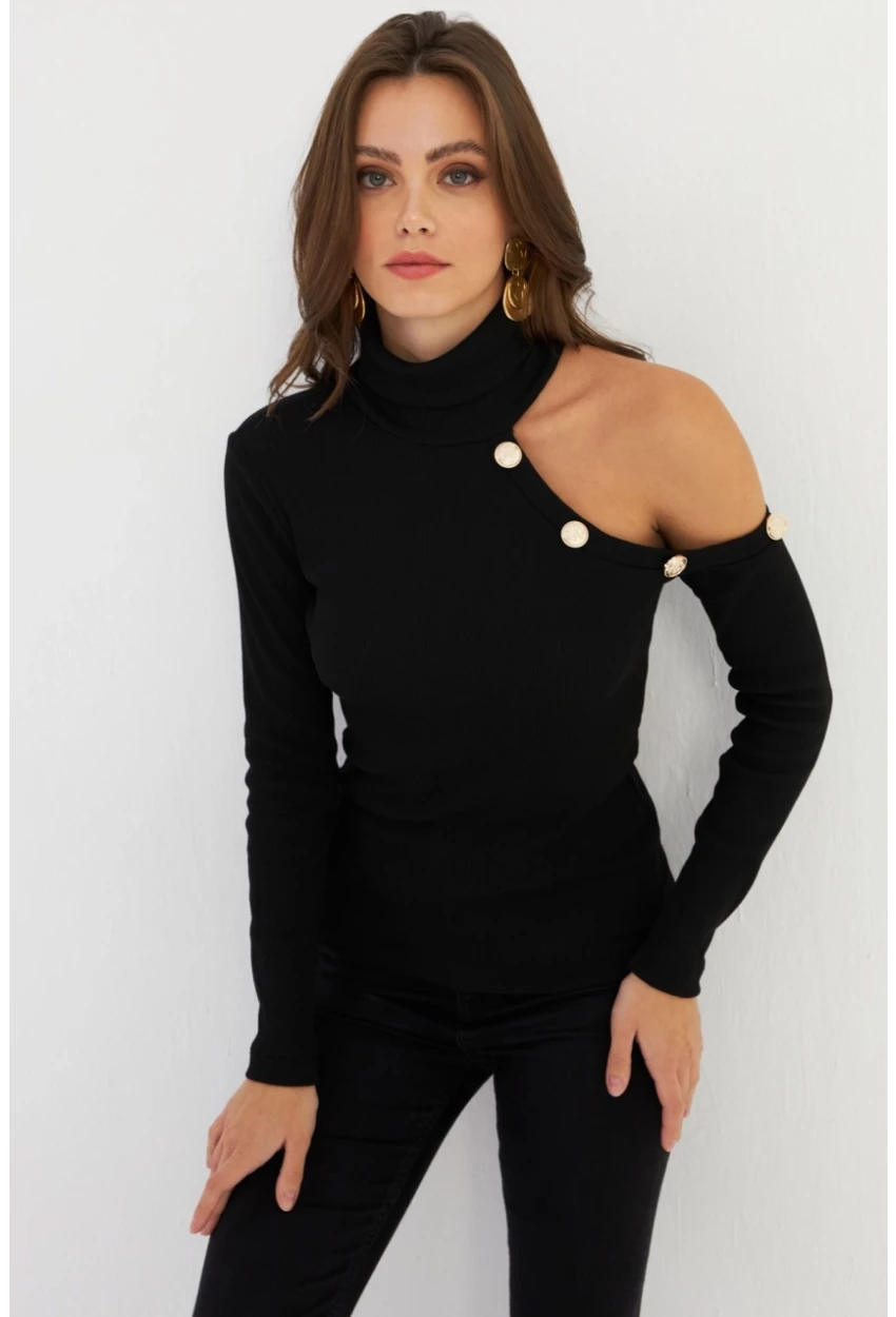 Kadın Siyah Tek Omuz Açık Kaşkorse Balıkçı Bluz EY2947