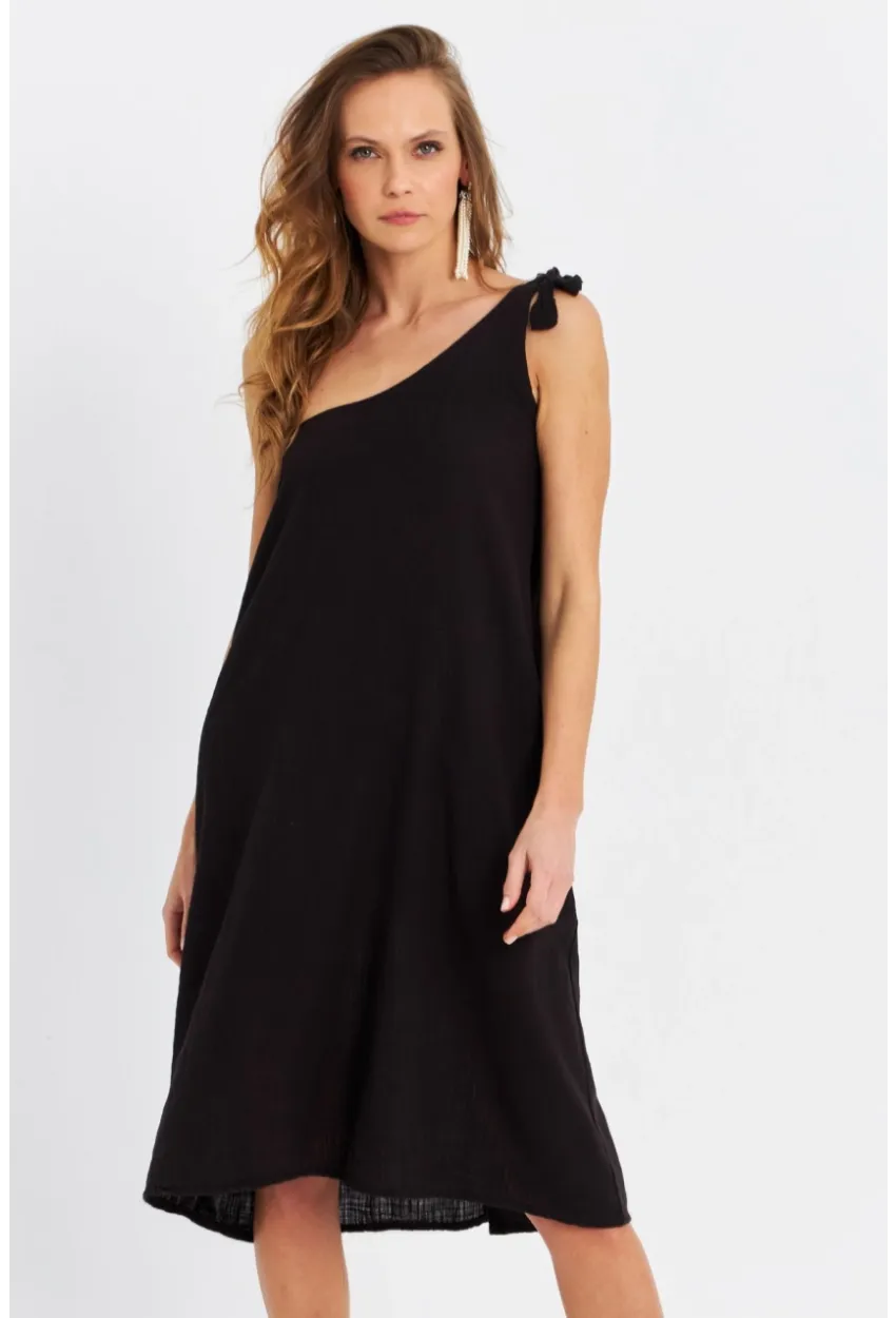 Kadın Siyah Tek Omuz Asimetrik Yaka Midi Elbise PC10813