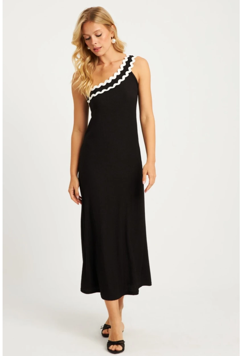 Kadın Siyah Tek Omuz Bürümcük Midi Elbise EY2830