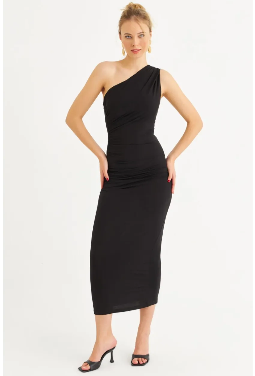 Kadın Siyah Tek Omuz Büzgülü Midi Elbise DMR294-90