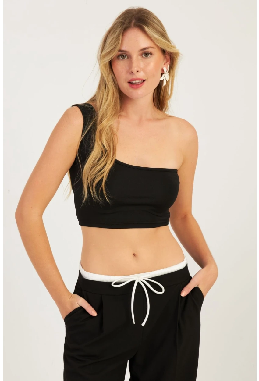 Kadın Siyah Tek Omuz Crop Bluz CG338