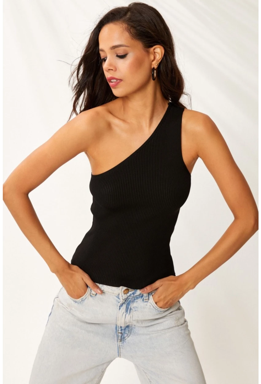 Kadın Siyah Tek Omuz Triko Bluz YV90