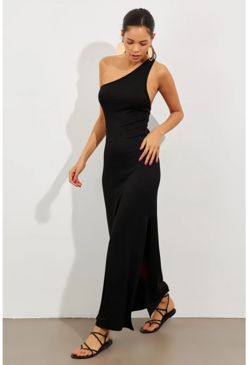 Kadın Siyah Tek Omuz Yırtmaçlı Maxi Elbise EY2498