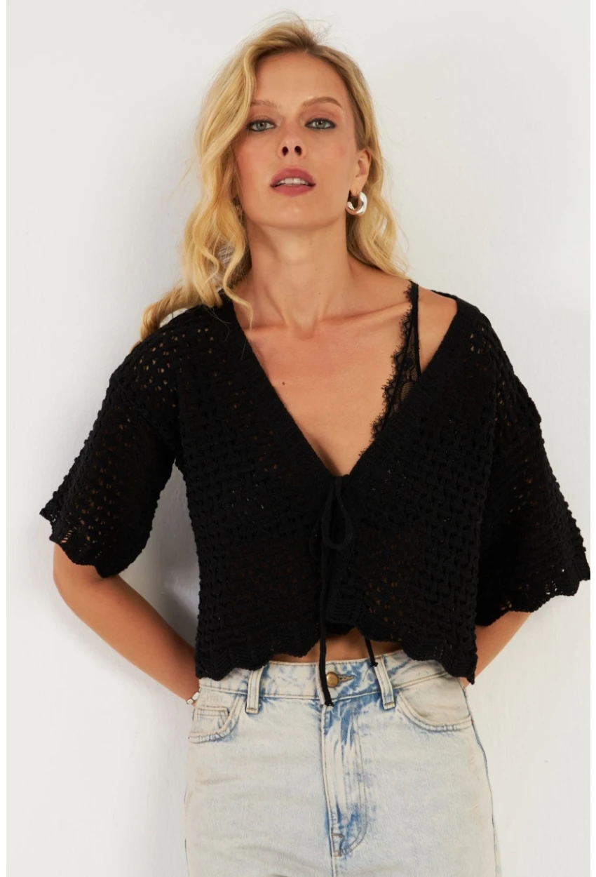 Kadın Siyah Triko Ajurlu Hırka YV255