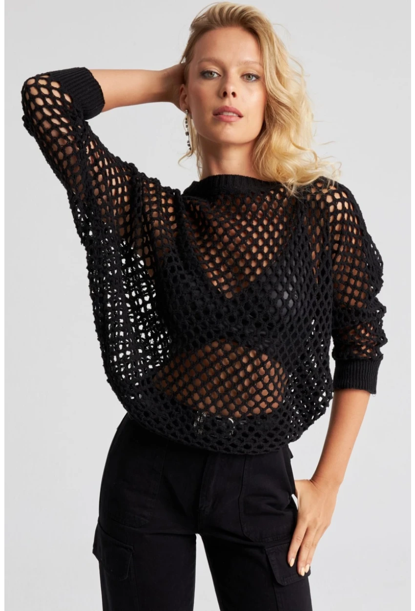 Kadın Siyah Triko File Bluz YV216