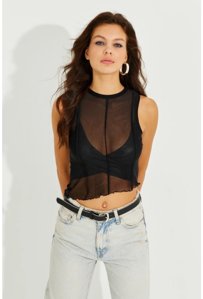 Kadın Siyah Tül Bluz B2735