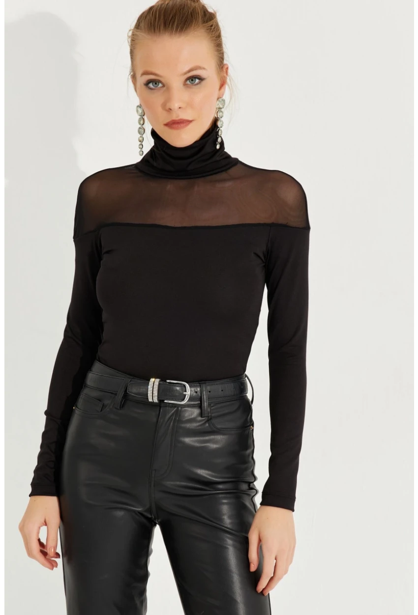 Kadın Siyah Tül Detaylı Balıkçı Bluz MEY2607