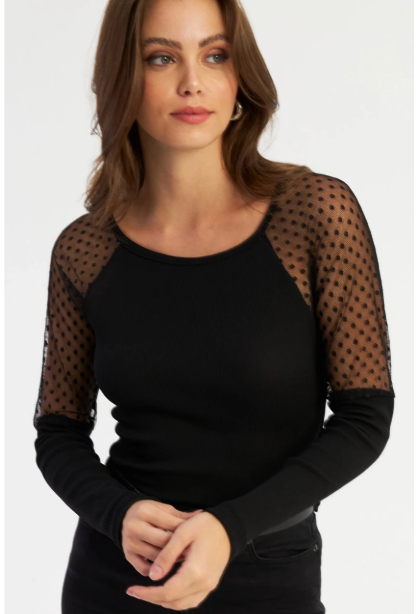 Kadın Siyah Tül Detaylı Kaşkorse Bluz EY2943