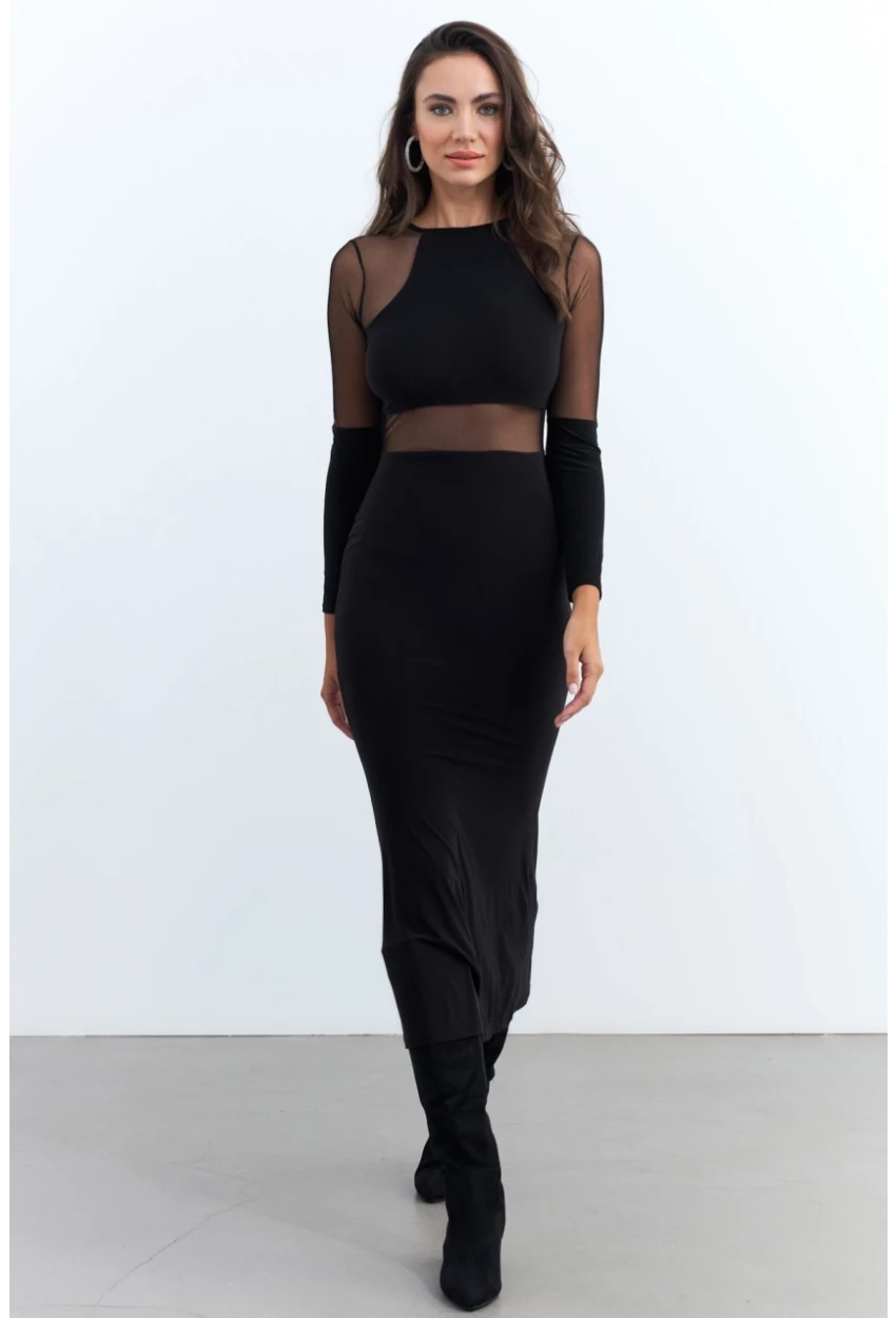 Kadın Siyah Tül Detaylı Midi Elbise ELT3834