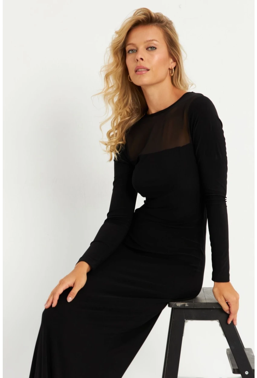 Kadın Siyah Tül Detaylı Midi Elbise LİK06