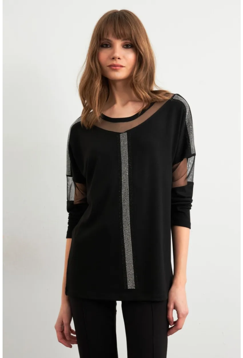 Kadın Siyah Tül Detaylı Taşlı Bluz PRO4050