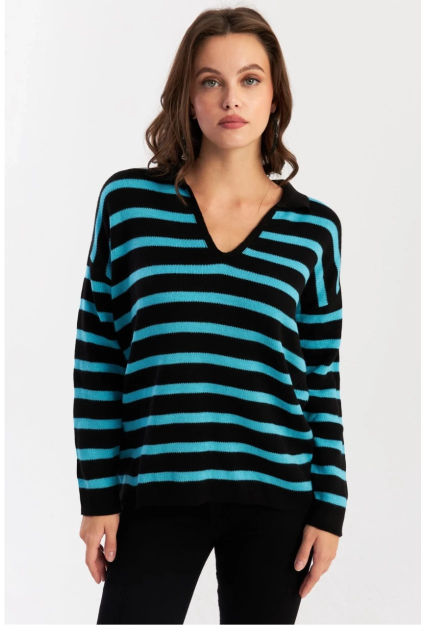 Kadın Siyah-Turkuaz Polo Yaka Çizgili Triko Kazak SE01