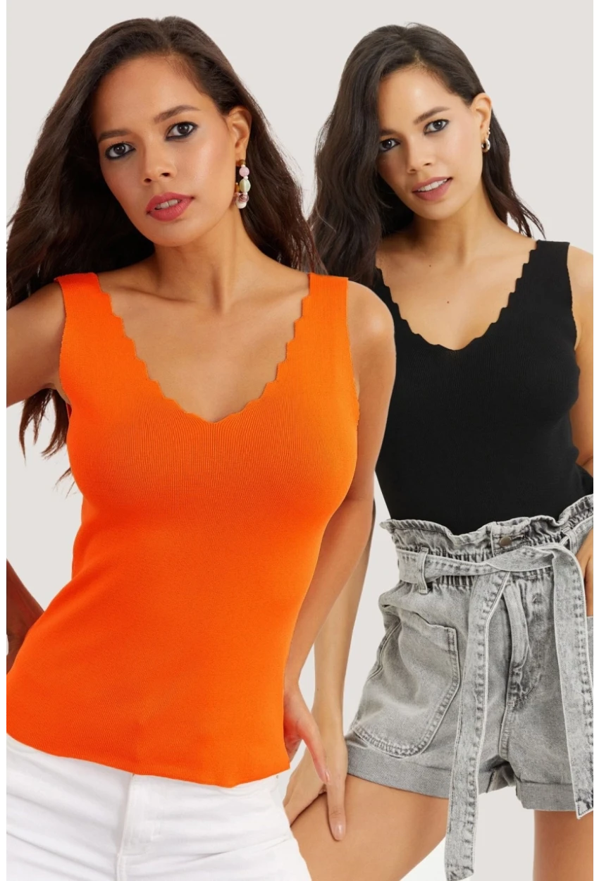 Kadın Siyah-Turuncu İkili Merdiven Yaka Triko Bluz YV123