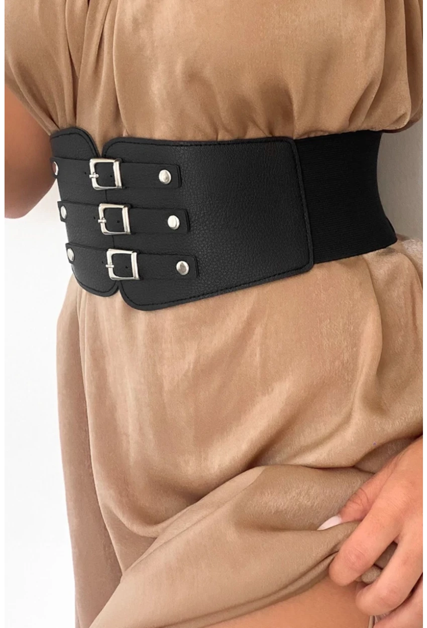 Kadın Siyah Üç Tokalı Lastikli Korse Kemer BE642