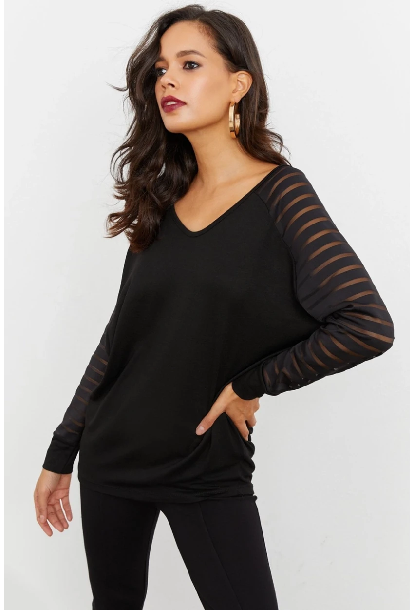 Kadın Siyah V Yaka Bluz ST3074