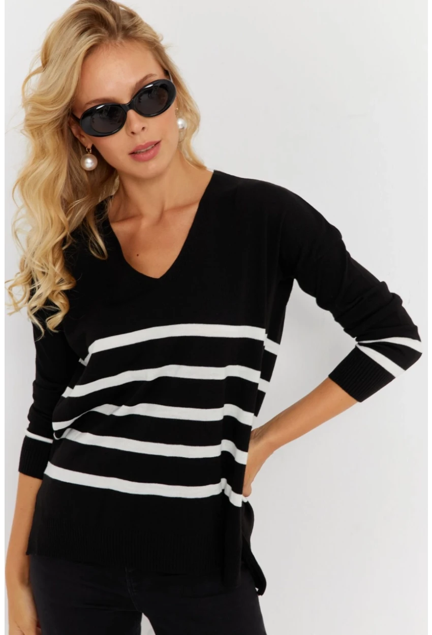 Kadın Siyah V Yaka Çizgili Triko Kazak YİL550