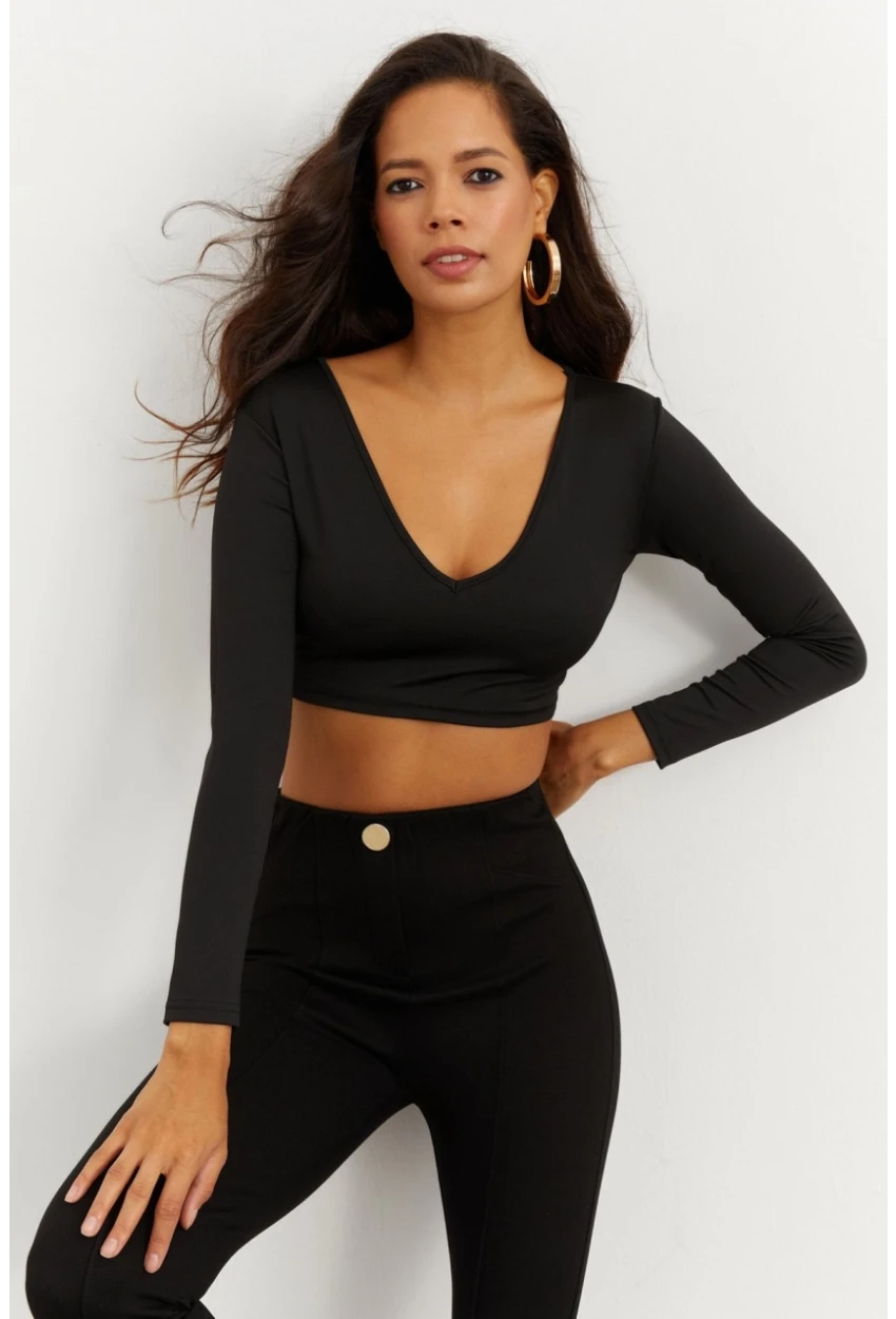 Kadın Siyah V Yaka Crop Bluz CG265