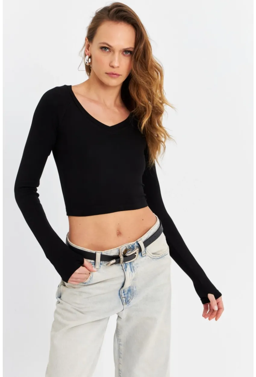 Kadın Siyah V Yaka Crop Bluz DMR389