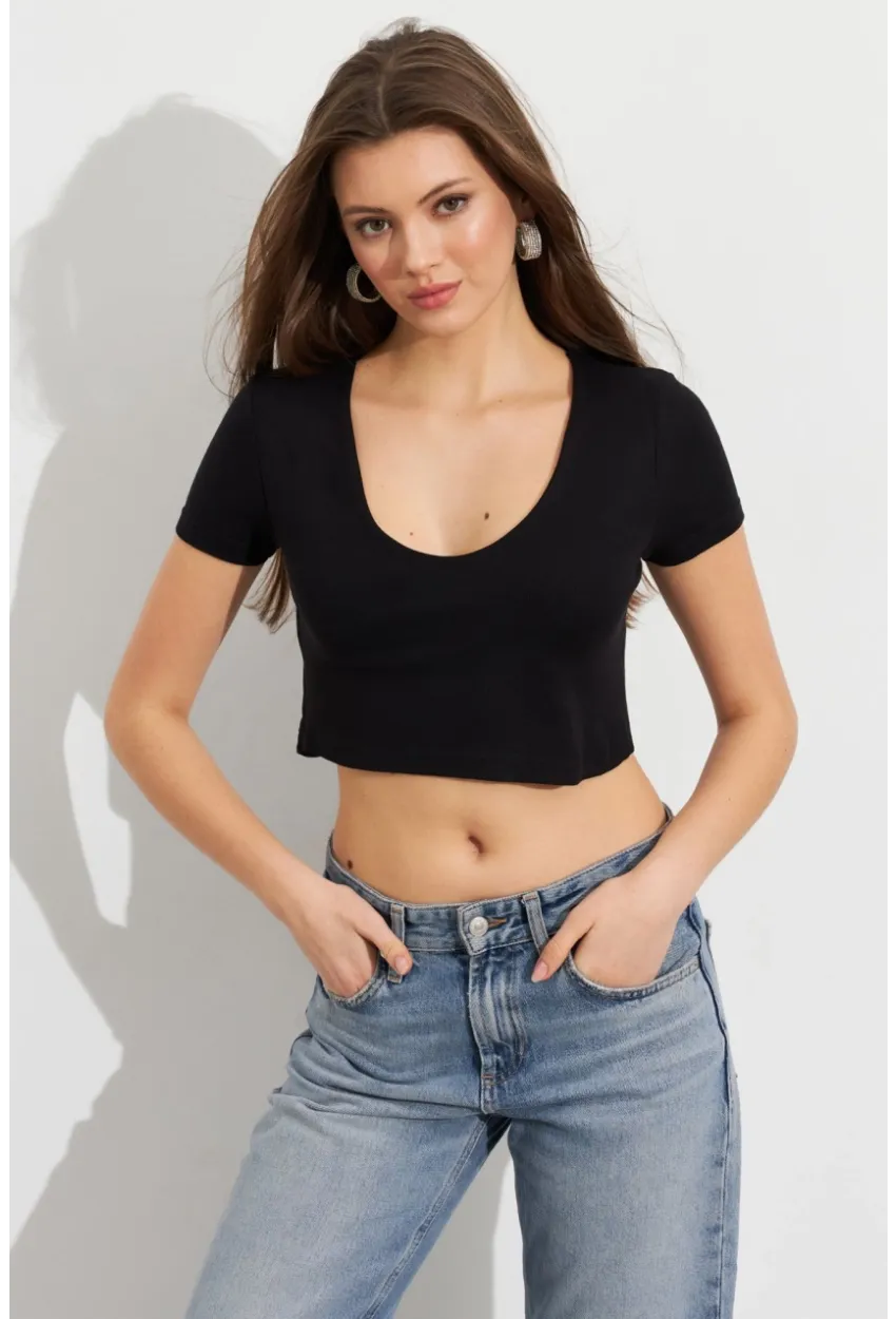 Kadın Siyah V Yaka Crop Bluz TOP101