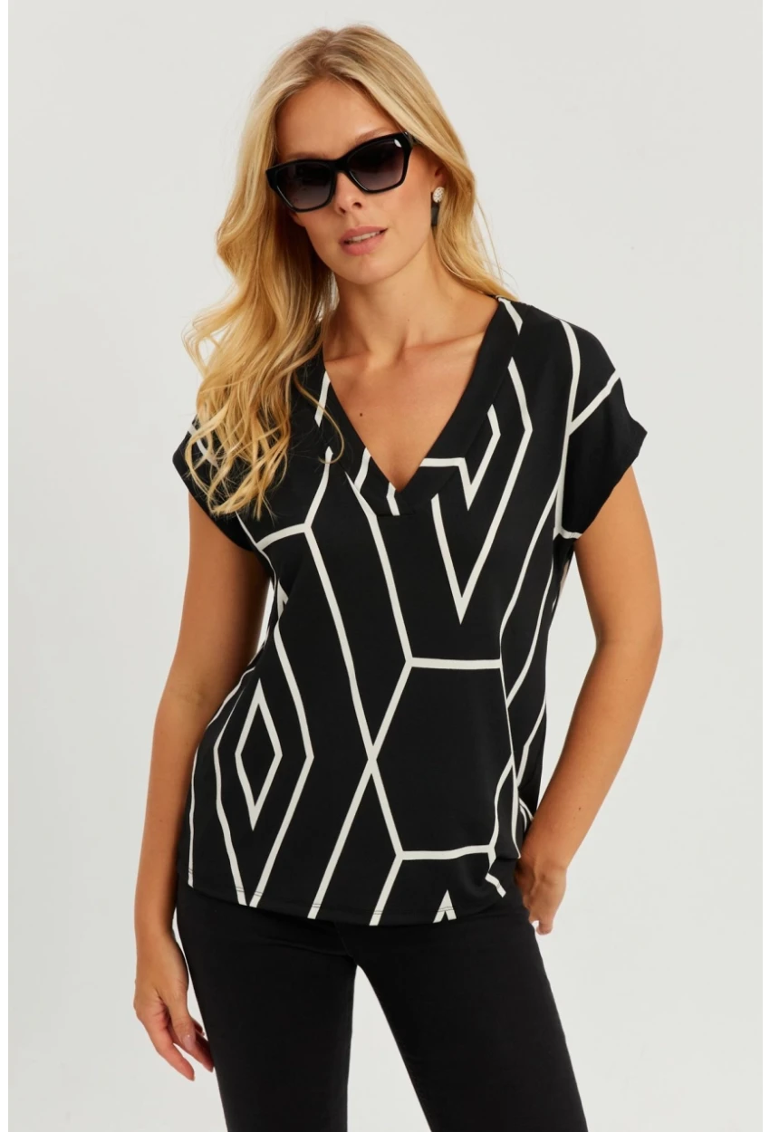 Kadın Siyah V Yaka Desenli Bluz AYD320