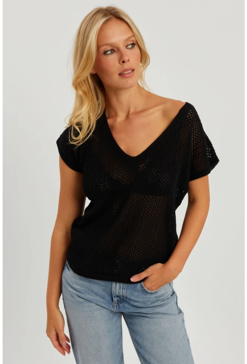 Kadın Siyah V Yaka Fileli Bluz SMT230