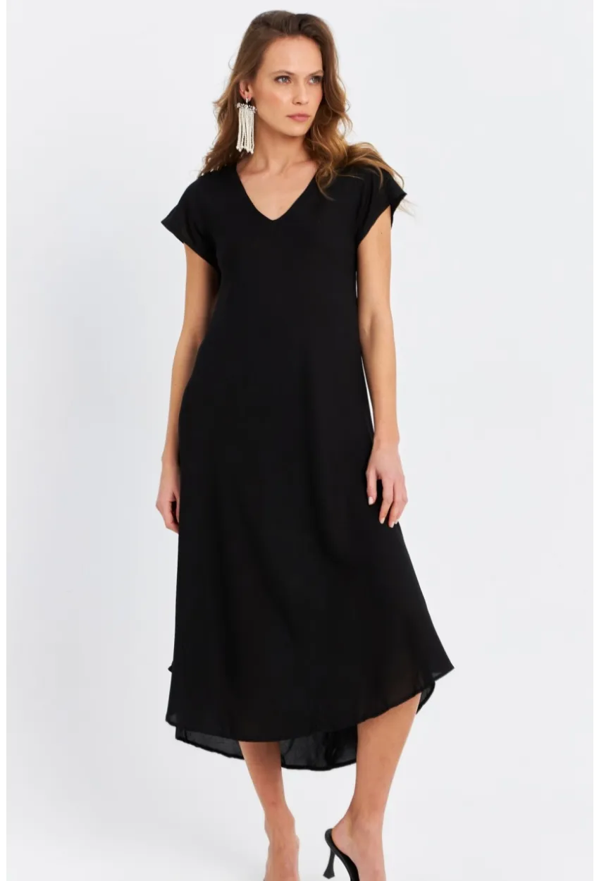 Kadın Siyah V Yaka Midi Elbise PC22649