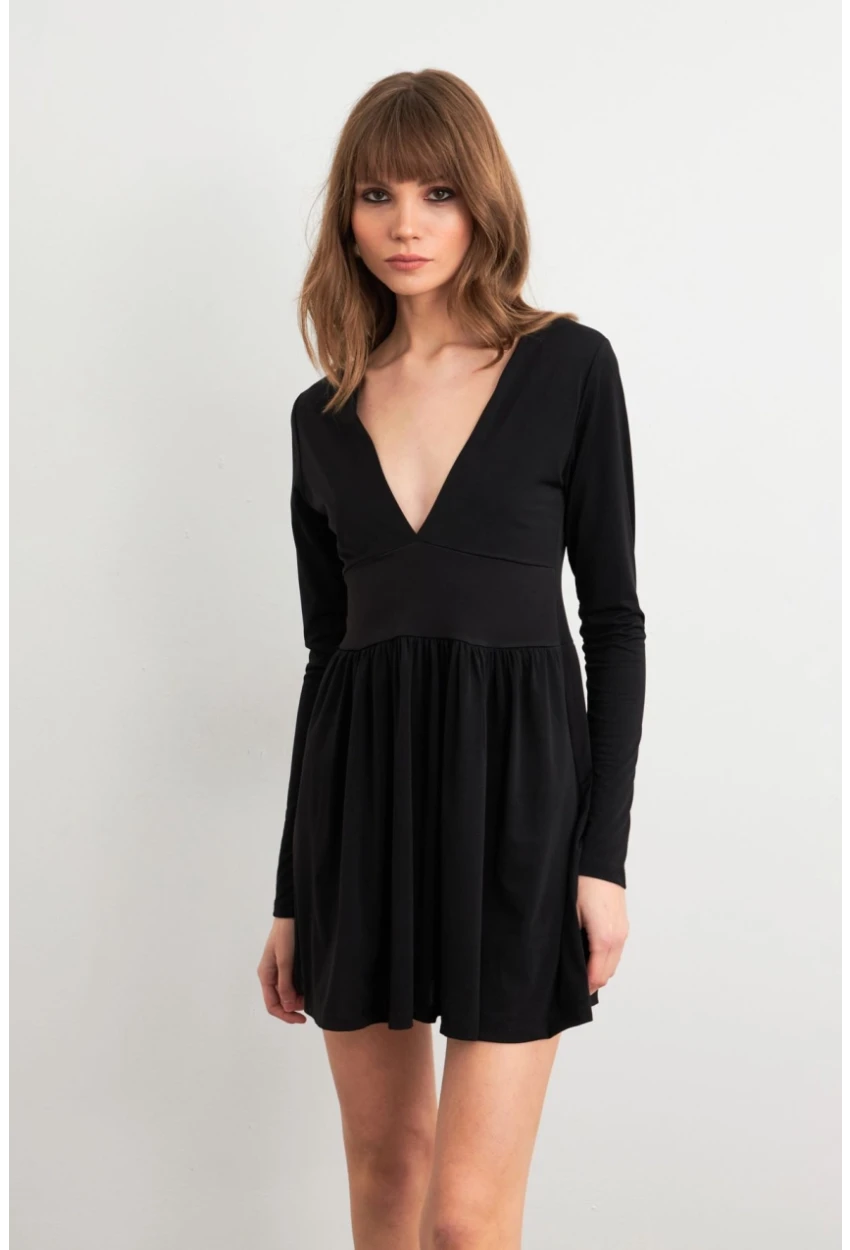 Kadın Siyah V Yaka Mini Elbise LİK17