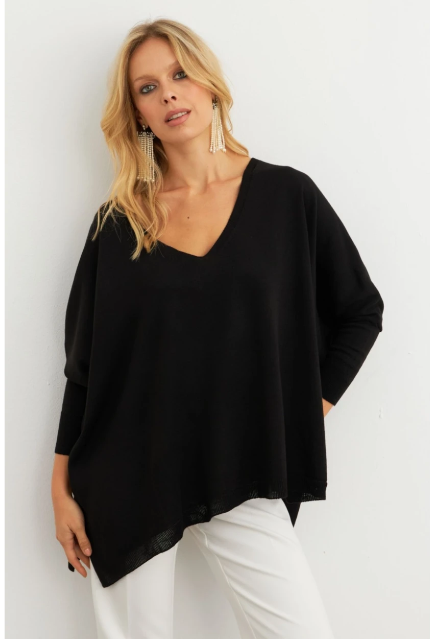Kadın Siyah V Yaka Salaş Bluz YV304