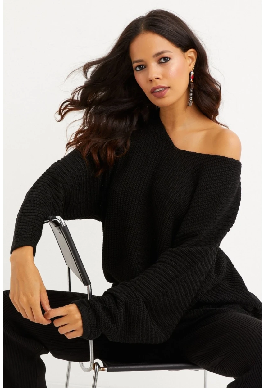 Kadın Siyah V Yaka Salaş Oversize Triko Tunik SMT158