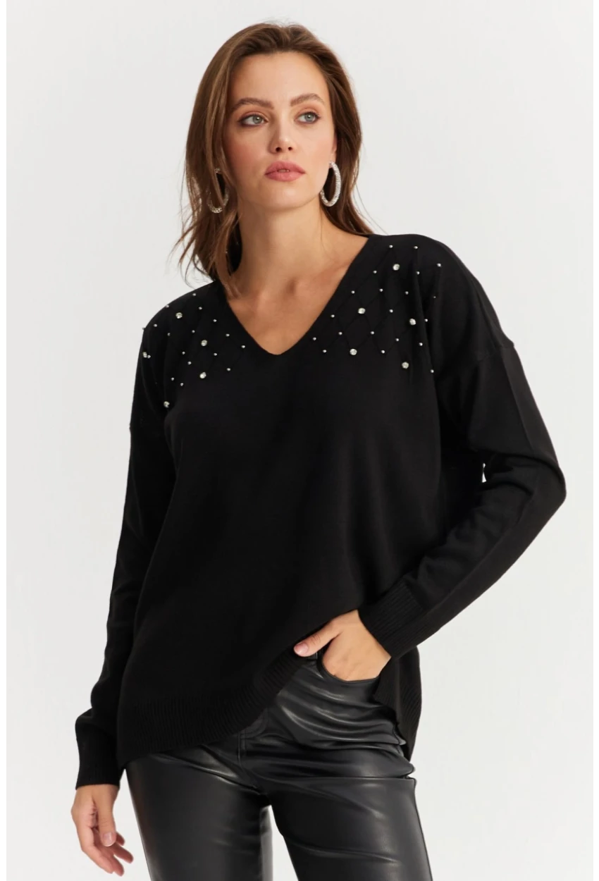 Kadın Siyah V Yaka Taşlı İnce Triko Bluz YİL002