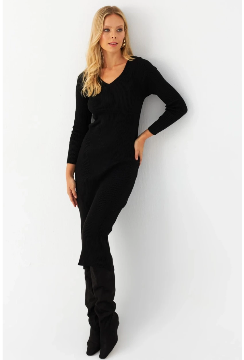 Kadın Siyah V Yaka Triko Midi Elbise YİL560
