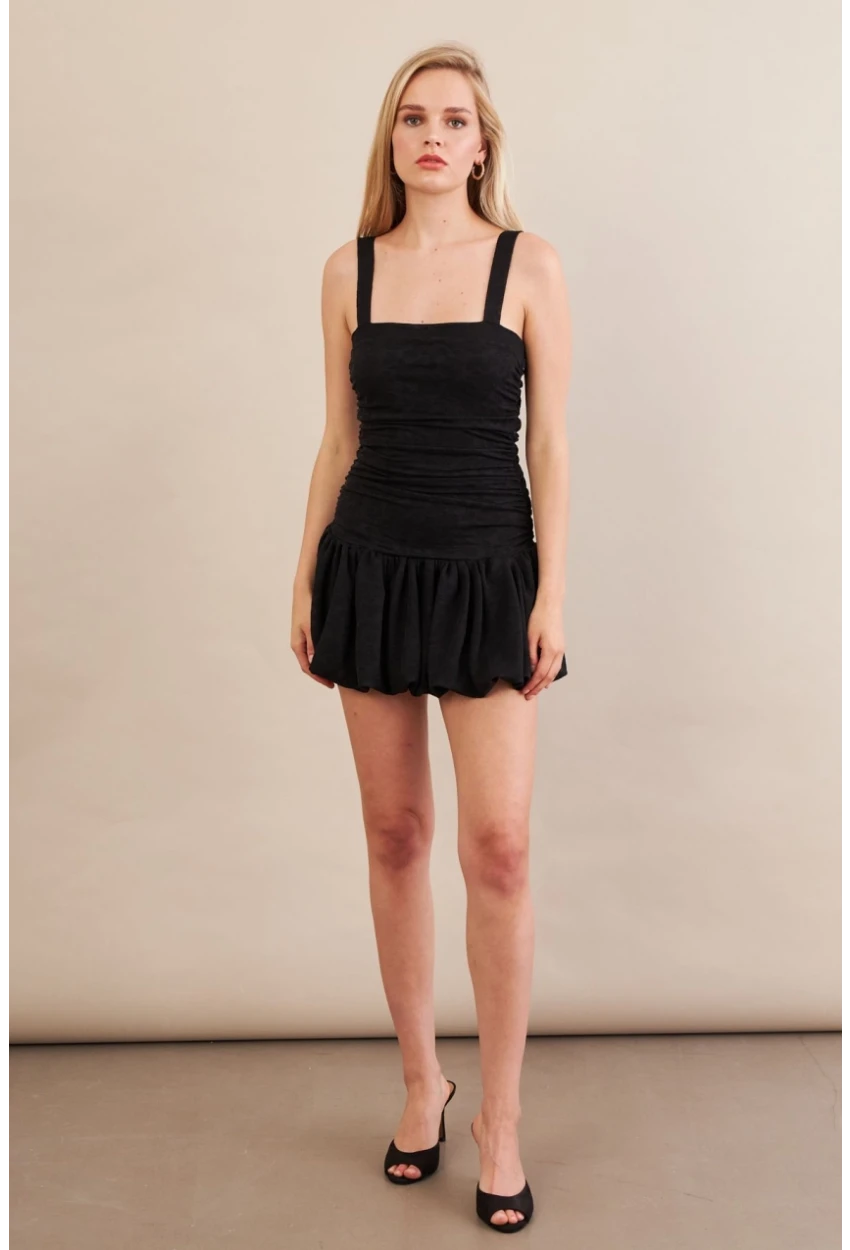 Kadın Siyah Volanlı Astarlı Mini Tül Elbise KED7316