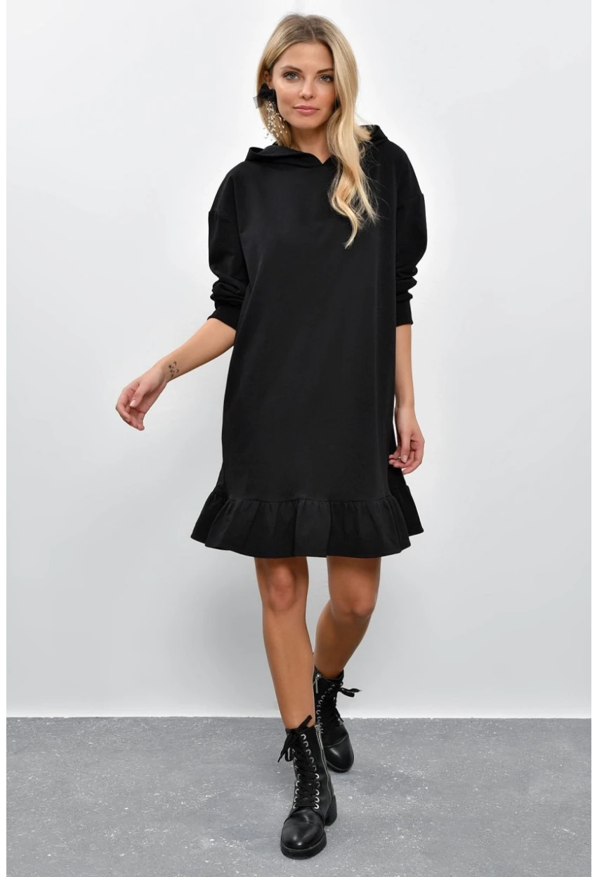 Kadın Siyah Volanlı Kapüşonlu Sweat Elbise B40