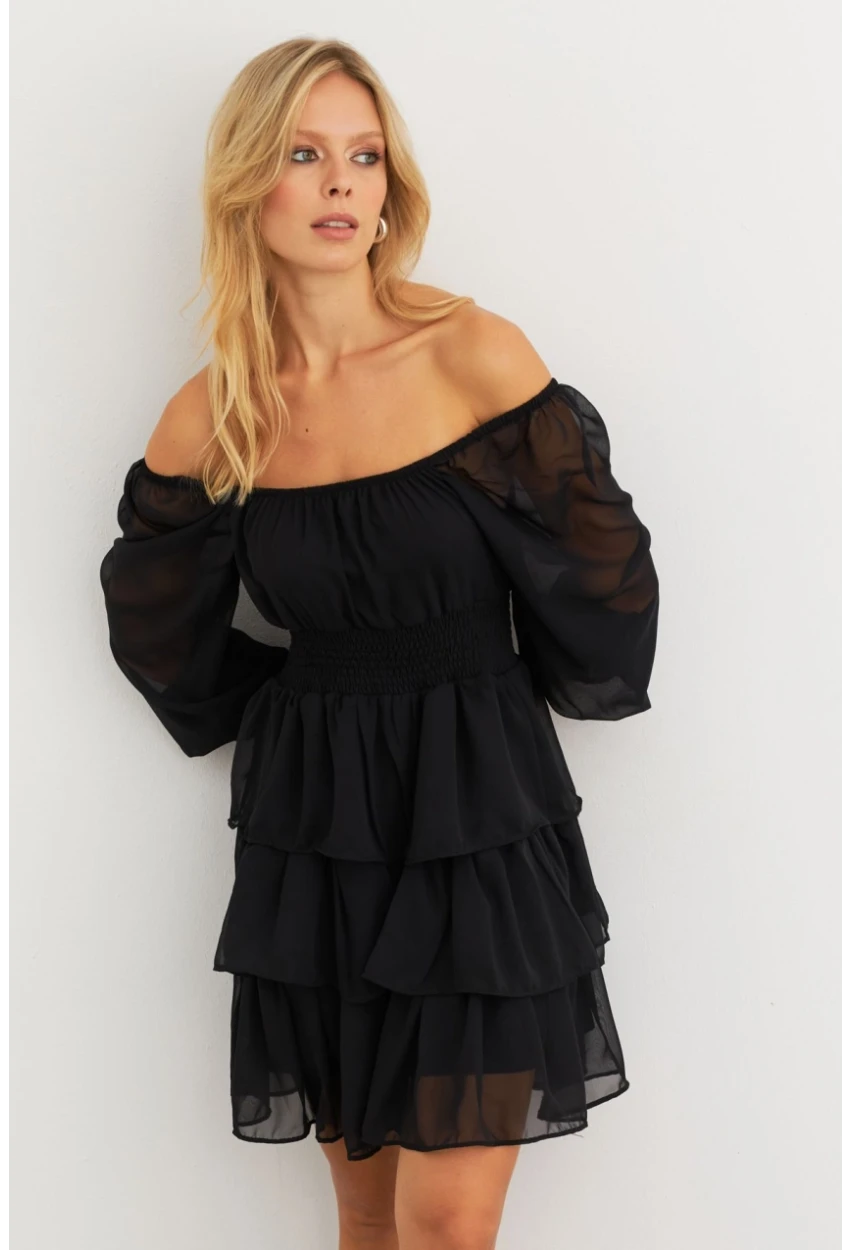 Kadın Siyah Volanlı Şifon Mini Elbise KSD2831
