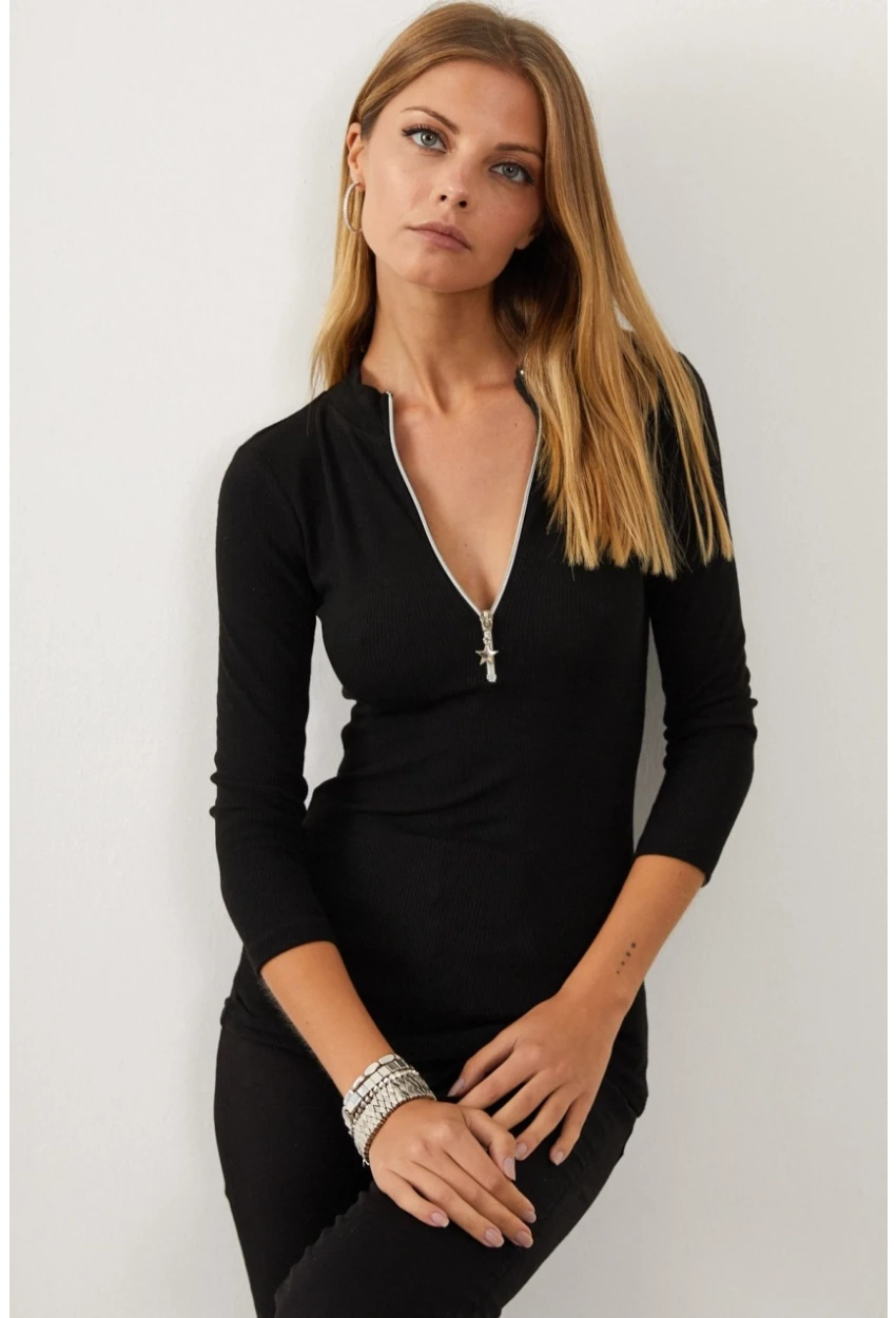 Kadın Siyah Yakası Fermuarlı Kaşkorse Bluz Yİ1953