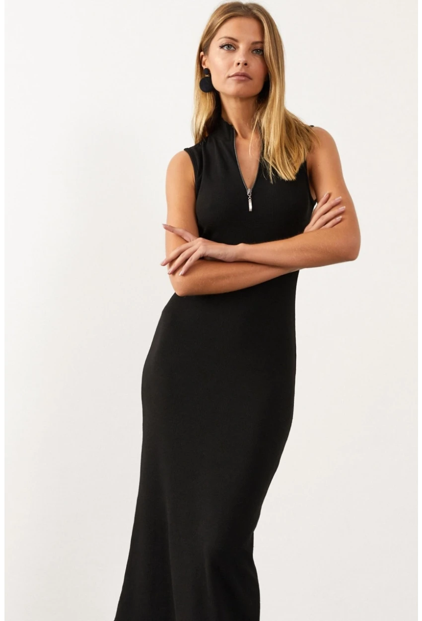 Kadın Siyah Yakası Fermuarlı Kolsuz Kaşkorse Elbise Yİ1959