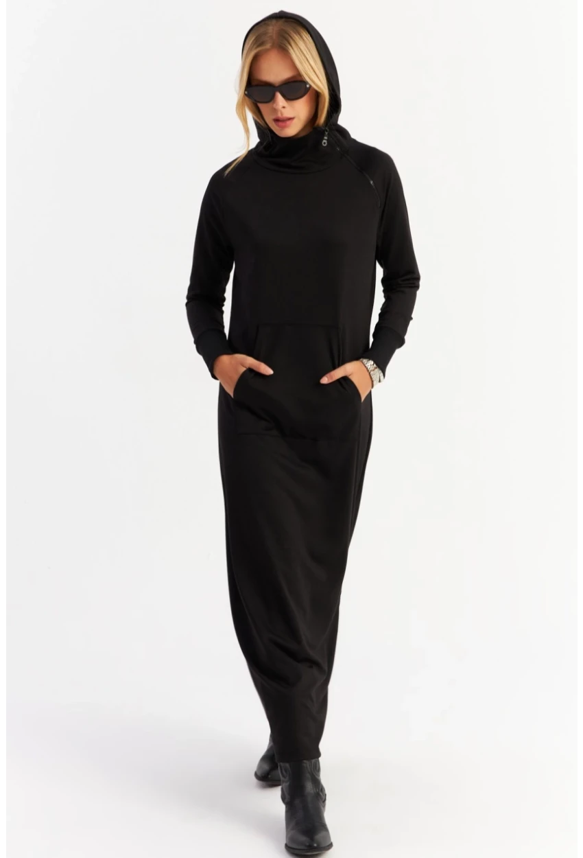 Kadın Siyah Yakası Fermuarlı Maxi Sweat Elbise MTF12