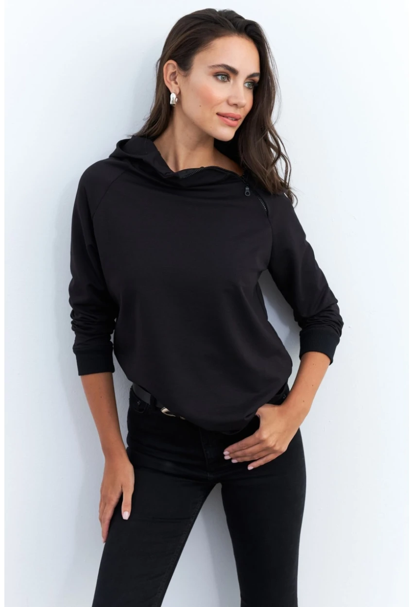 Kadın Siyah Yakası Fermuarlı Sweatshirt TF11