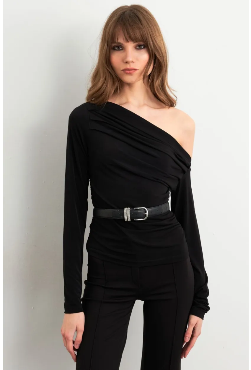 Kadın Siyah Yanları Büzgülü Degaje Bluz SF2561