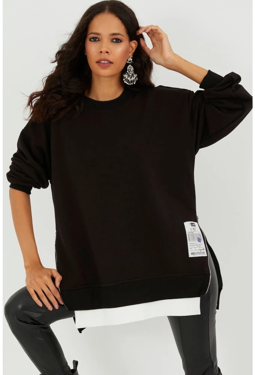 Kadın Siyah Yanları Fermuarlı Oversize Sweatshirt BK231095