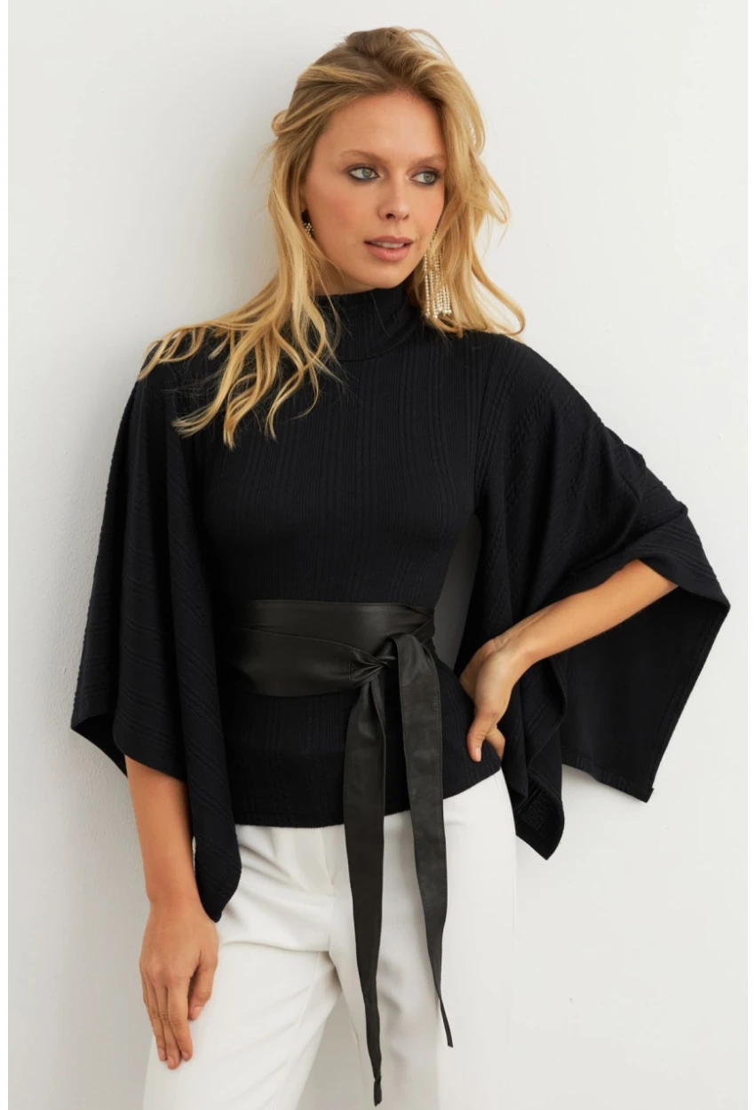 Kadın Siyah Yarasa Kol Balıkçı Bluz MTF32