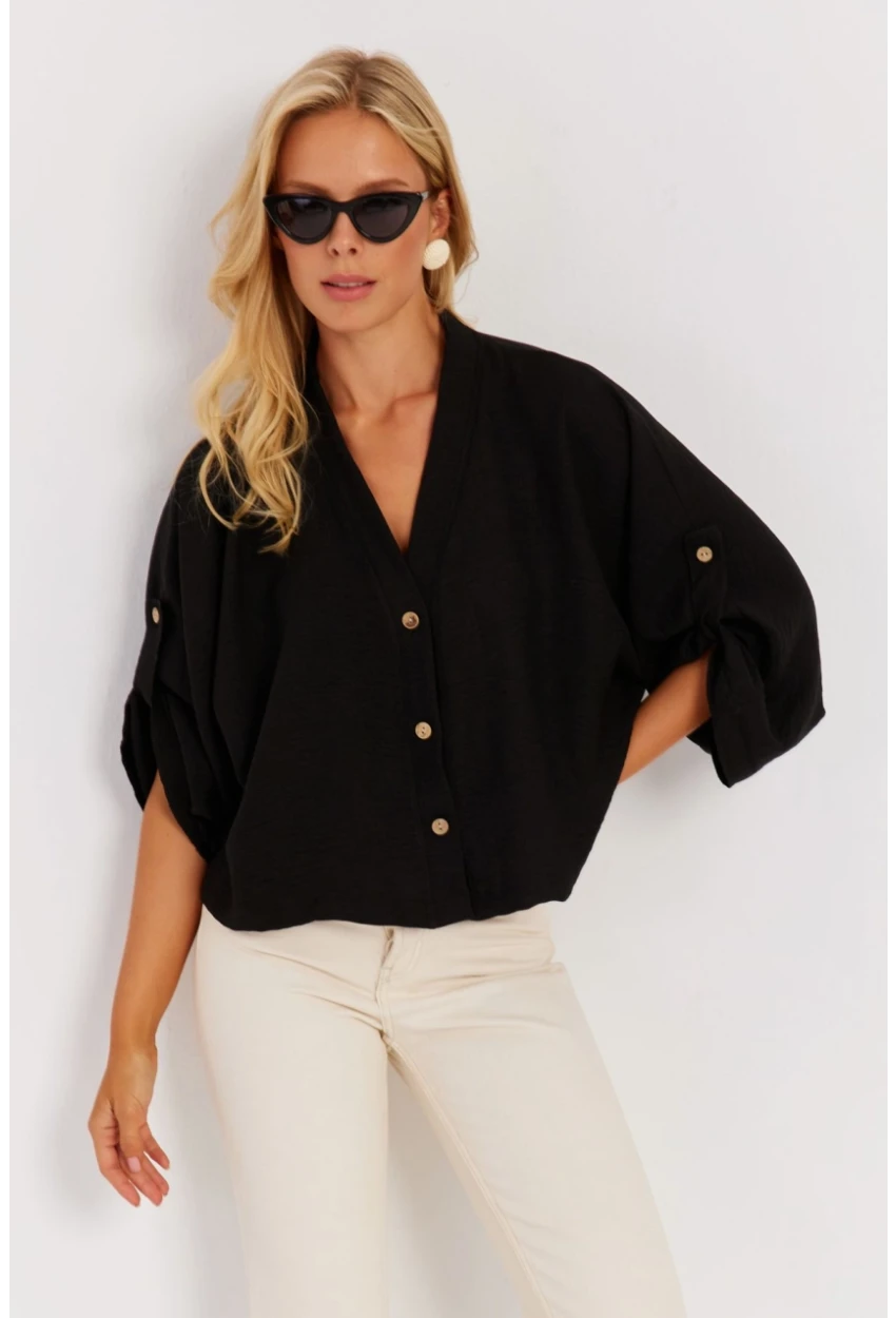 Kadın Siyah Yarasa Kol Kısa Gömlek GÇ160