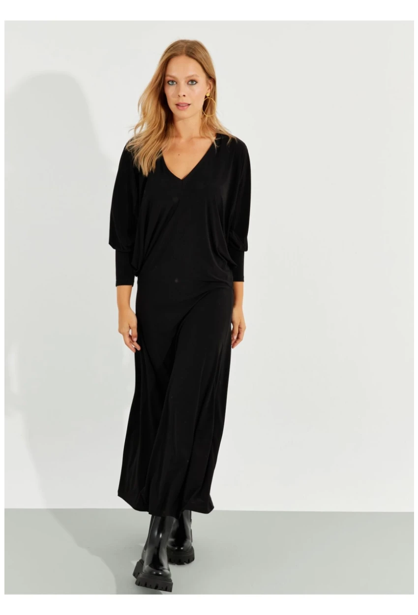 Kadın Siyah Yarasa Kol Midi Elbise BK272021