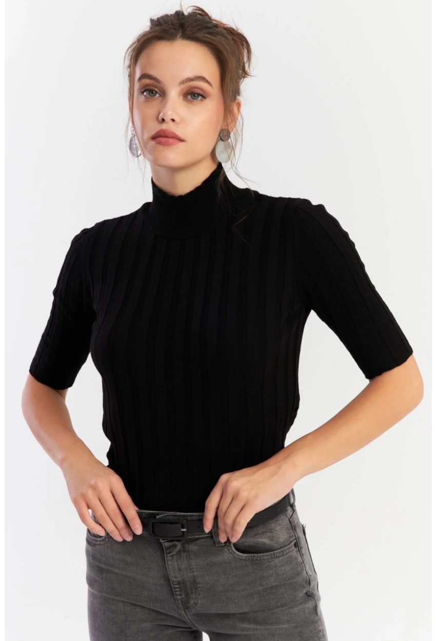 Kadın Siyah Yarım Balıkçı Triko Bluz YV287