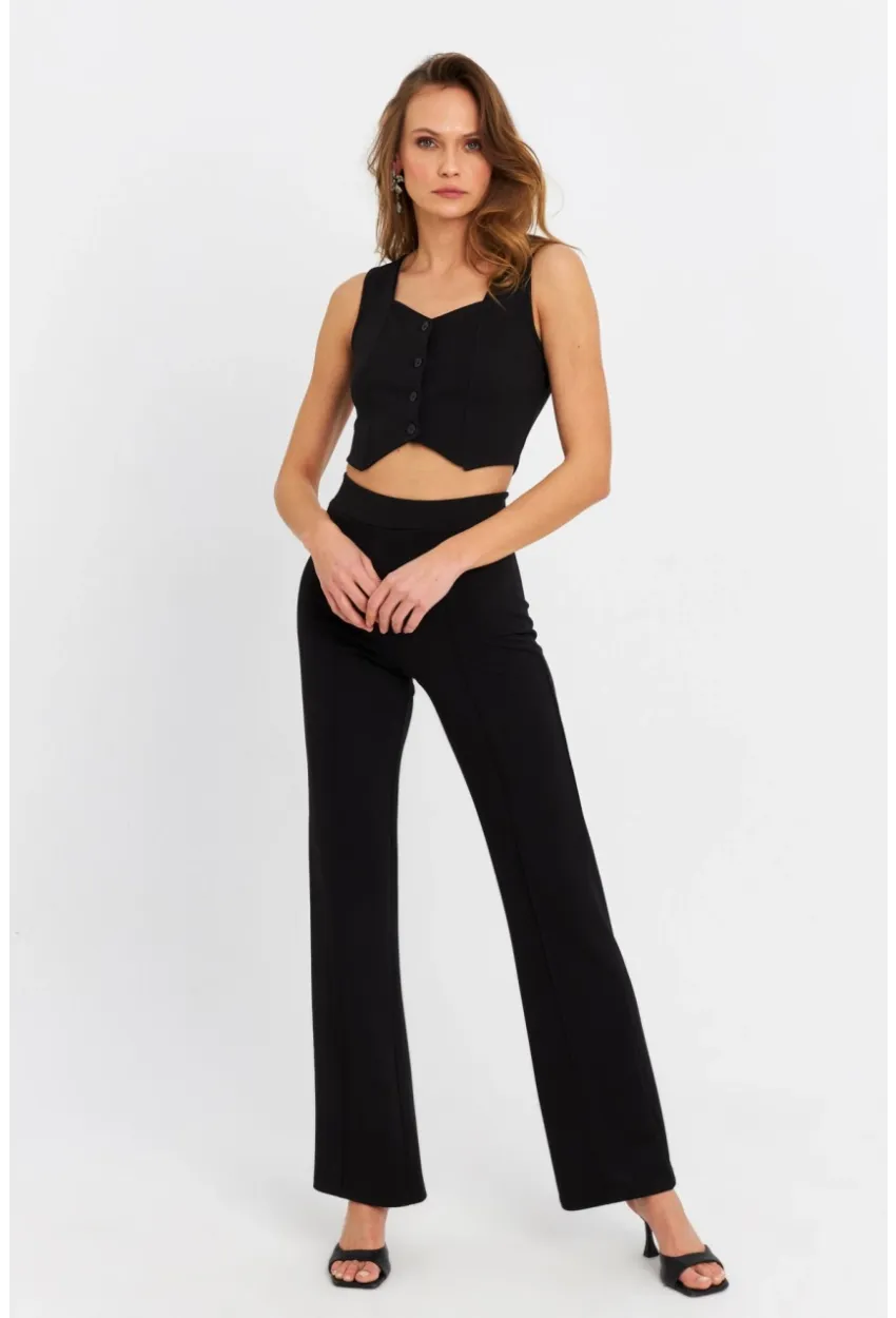 Kadın Siyah Yelekli Pantolon Takım RU9623