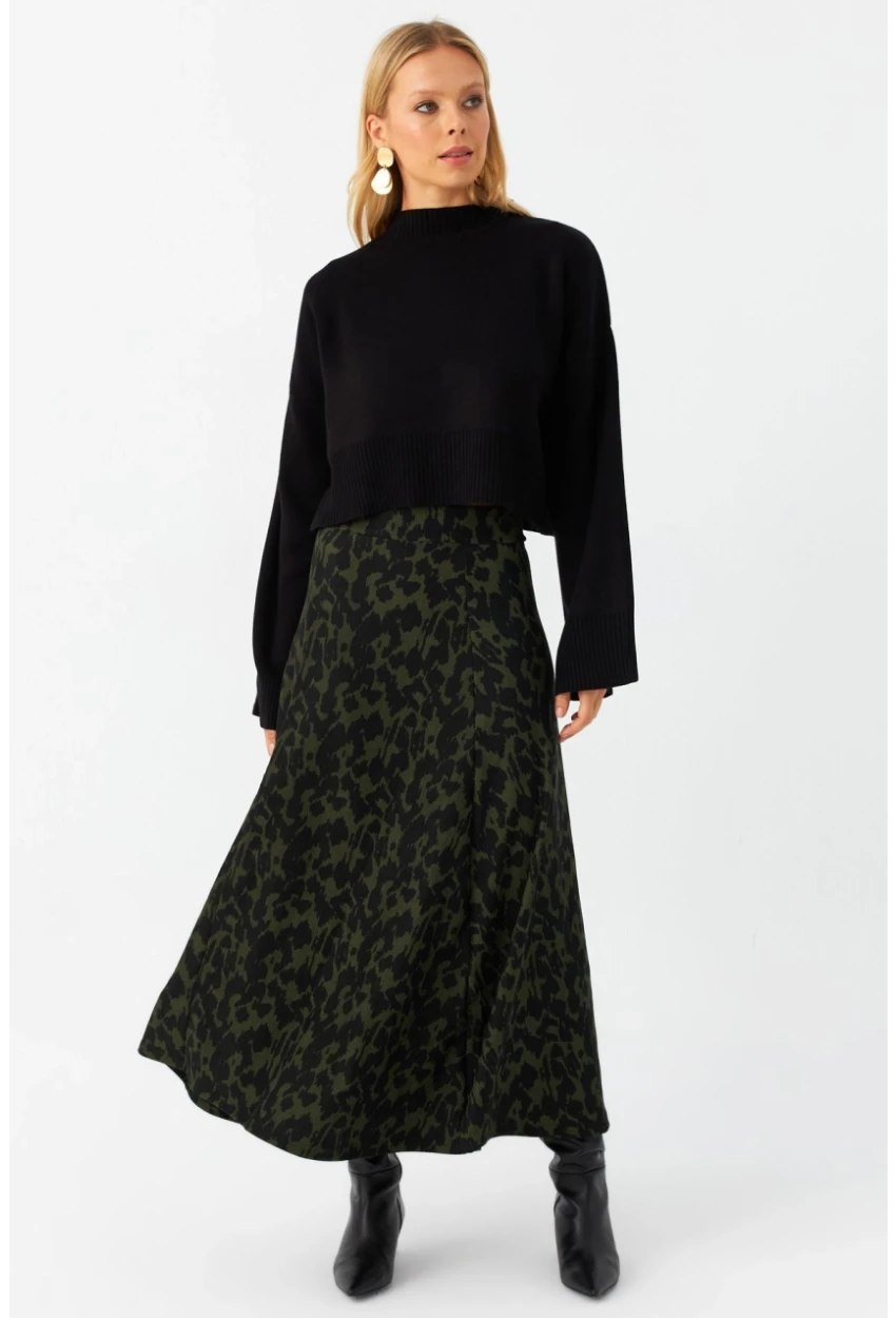 Kadın Siyah-Yeşil Desenli Çan Etek LON3007
