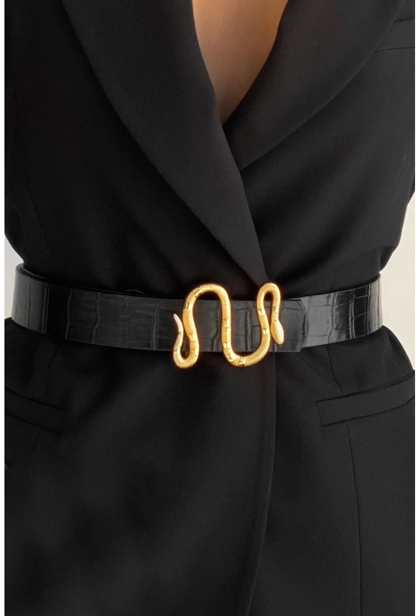 Kadın Siyah Yılan Tokalı Kemer BE609