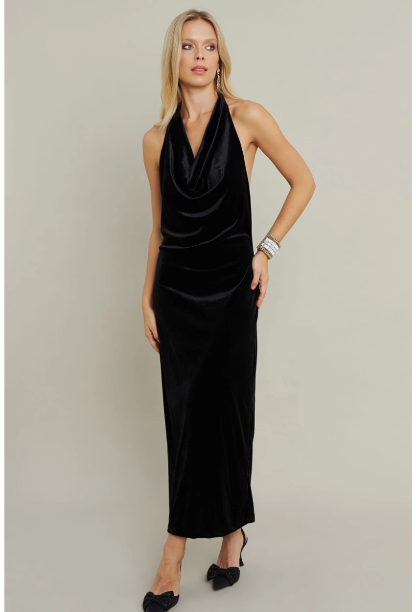 Kadın Siyah Yılbaşı Degaje Yaka Uzun Elbise GÇ197