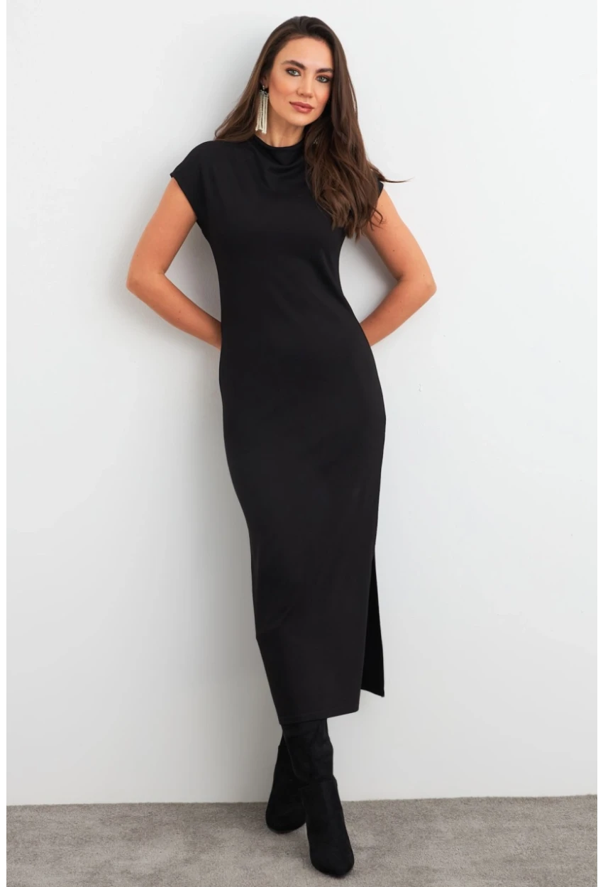 Kadın Siyah Yırtmaçlı Basic Midi Elbise AYD408
