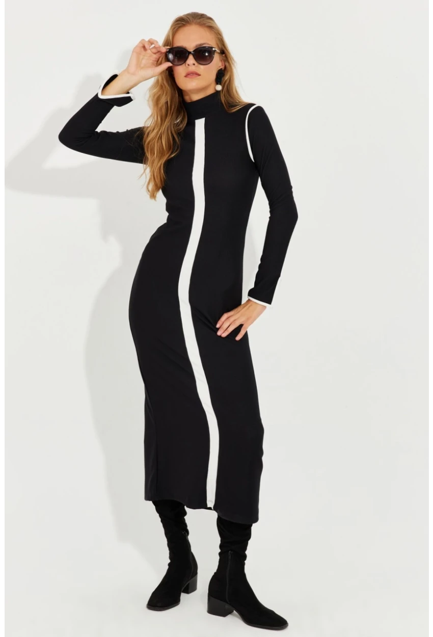 Kadın Siyah Yırtmaçlı Biyeli Midi Elbise RMZ1000